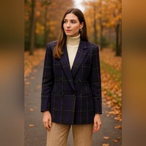 Bankers Club Womens Wool Plaid Blazer Size 4 Small Purple Double Breasted